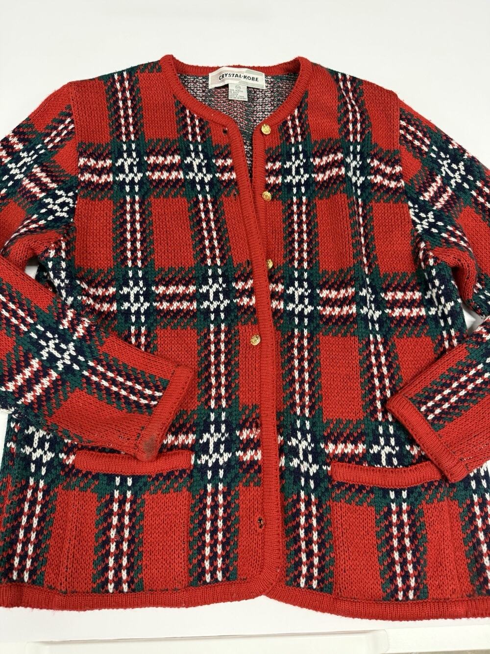 VTG Crystal Kobe S/P Cardigan Red Black Holiday Plaid Gold Button Knit Sweater